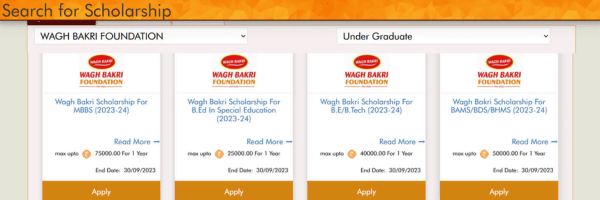 Application Process: Wagh Bakri Scholarship 2023-24
Step 5- Now click on the Search and Apply Scheme and select the Wagh Bakri Foundation.
