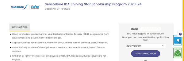 Start Application: Sensodyne IDA Shining Star Scholarship Programme 2023-24